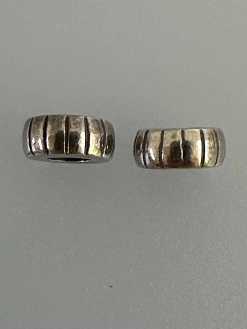 Pandora Italy Sterling Silver Charm Textured Barrel Bead Pair 2